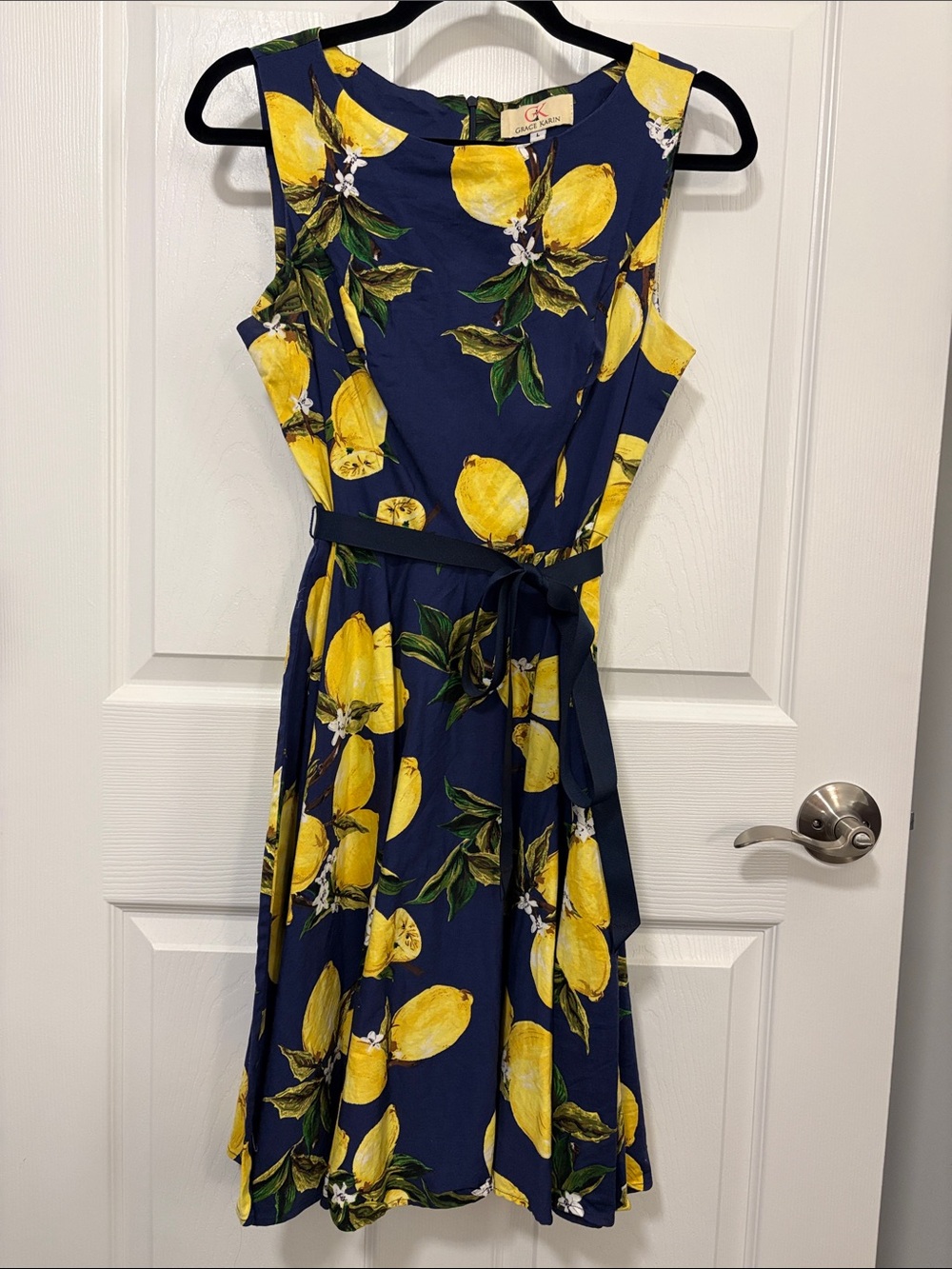 Grace Karin Navy Midi Dress with Yellow Lemon Print